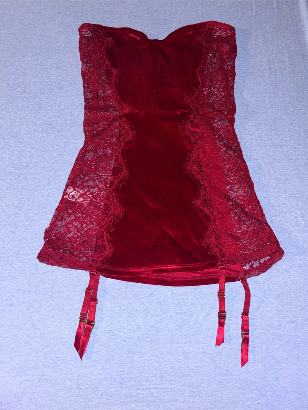 VENUS Red Lace & Velvet Strapless Chemise with Garter Details
